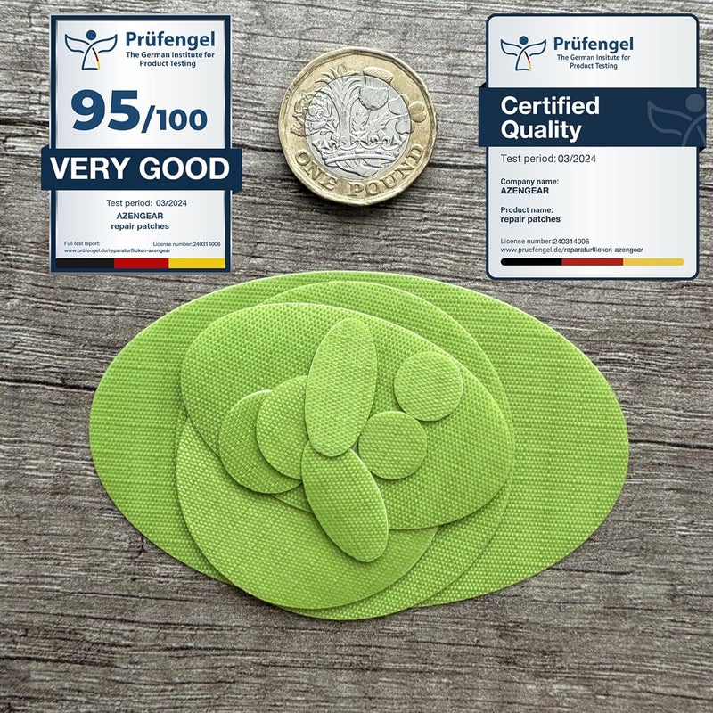 aZengear Repair Patches for Jackets, Tent, Shoe Toe, Air Mattress, Inflatables, PVC Gear - Waterproof, Self-Adhesive, Tear-Cold-Heat-Resistant, Down Puffer Coat (11 Pcs, Neon Green) - Image 4